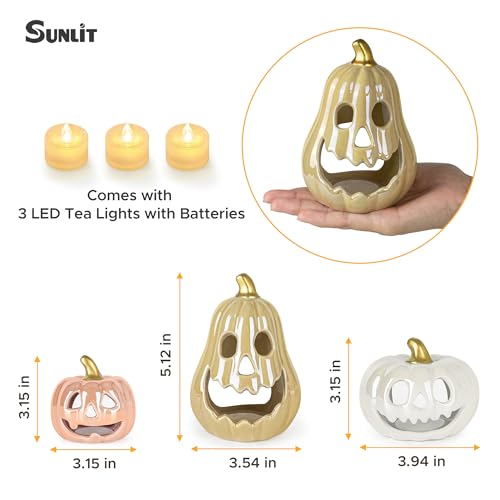 Sunlit Ceramic Pumpkin with 3 Tea Lights, Jack O Lantern Candle Holder Set of 3, Tabletop Indoor Halloween Decorations for Holiday Party Home, Pearl Finish