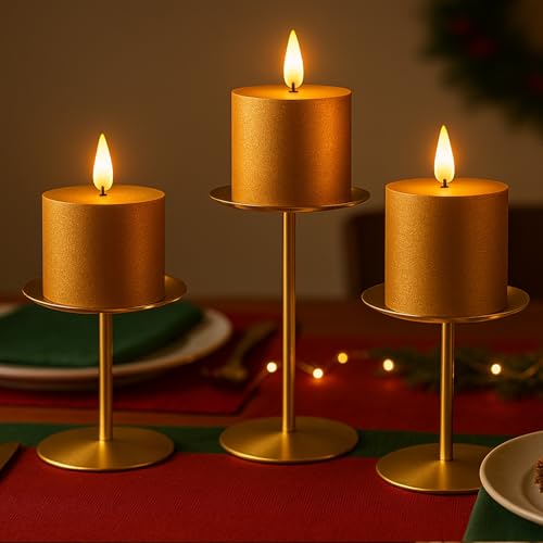 Gold Pillar Candle Holders, Reversible Set of 3