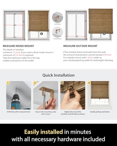 UNISHADES Cordless Bamboo Roman Shades, 34×64 in, Highfield Teak | Wide Bamboo Strip Weaving Technique, High light-blocking capacity, High Level of Privacy Protection