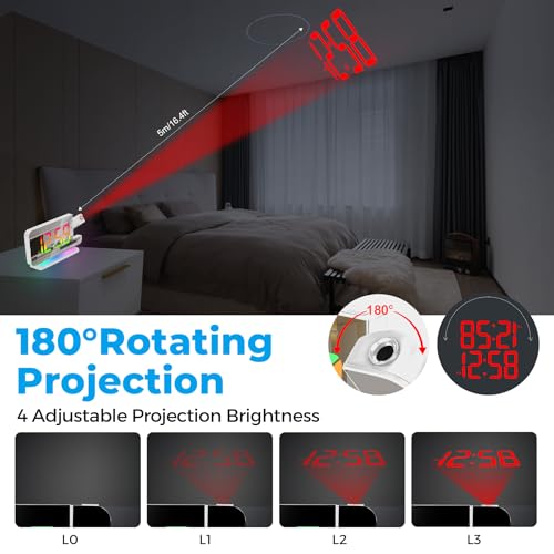 Projection Clock, 7.4" LED Mirror Digital Alarm Clocks, with RGB Night Light, 180° Rotatable Projector,USB C Charger Port, Auto Dimmer, Modern Desk Clock for Teens Girl Adults Bedroom - White