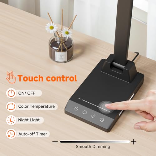 LED Desk Lamp with USB-C Charging Port, Dimmable Desk Lamp for Home Office, Eye-Caring Reading Lamp with 25 Lighting Modes, Small Desk Light for Bedroom Nightstand with Adapter