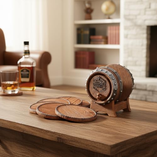 Whiskey Barrel Coasters Set 6 Full Size Non-Slip Cabin Decor Bar Coasters, for dad, Man Cave – lifestyle view