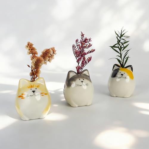 MOUGIGI 3PCS Mini Flower Vases–Unique Small cat vase-Cute Ceramic Bud Vases for Single Stem Flowers & Cat Whisker-Home Decor for Desks & Bookshelves-Ideal Gift for Cats Lovers & Flower Enthusiasts