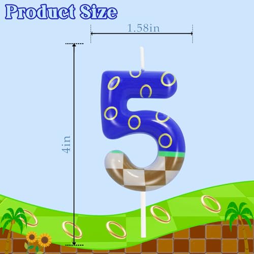 Number 5 Golden Rings Blue Birthday Candle 5 Candle Blue Cake Topper for Boys Girls Hedgehog Cartoon Theme Birthday Party Decorations