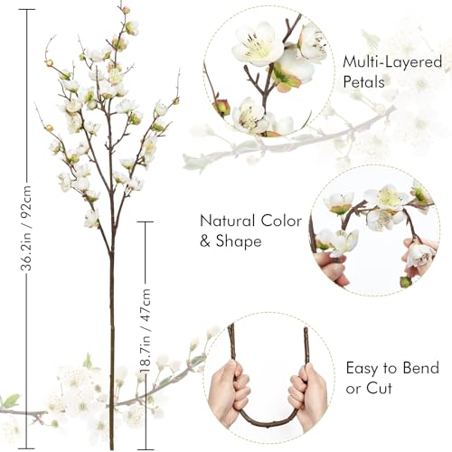 Waipfaru 4 Pcs Faux Cherry Blossom Branches, 36'' Cherry Blossom Tree Decor with Long Stems, Artificial Flowers for Tall Vases Spring Home Decoration (White)