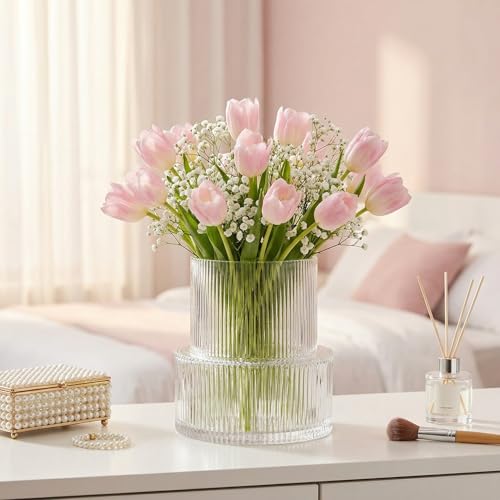 Ribbed Glass Vase, Flower Vase, Fluted Clear Vases for Flowers, Modern Vases for Living Room, Dining Table, Entryway, Shelf, Wedding, Office, Coffee Table, Birthday, 7.5 Inches