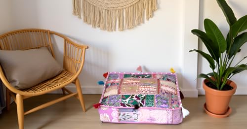 CRAFT KALA Indian Square Patchwork Traditional Pouf Cover Indian Living Room Poufs Decorative Embroidered Designer Ottoman Home Living Footstool Chair Cover Decor Pillow Cover 18x18x5 inches Baby Pink
