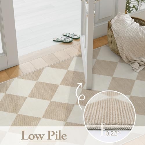 Checkered Print 5x7 Washable Area Rugs for Bedroom, Non Slip Ultra Thin Beige Rugs for Living Room, Geometric Plaid Dorm Decor Soft Low Pile Carpet for Office Kids Room Classroom