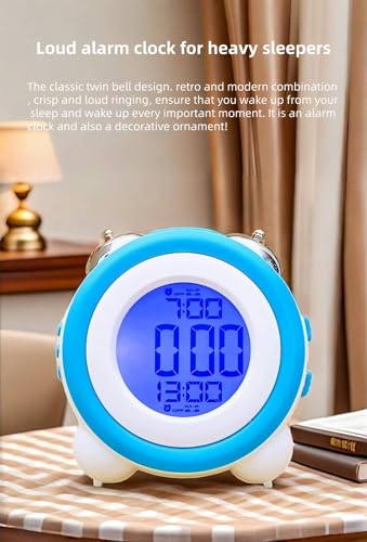 Super Loud Alarm Clock, Twin Bell Battery Operated with Snooze Function, Silent Mode, Backlight Display, Date and Week Calendar, Retro Ringing Design, Suitable for Home Office (Red)