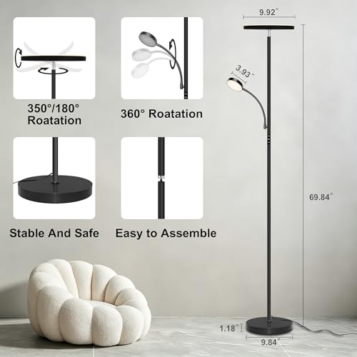 Floor Lamp-42W/4200LM Super Bright Floor Lamp,Dimmable 2-in-1 LED Floor Lamp for Bedroom,Torchiere Floor Lamps with Remote & Touch Control,69" Tall Standing Lamp for Living Room,Office,Reading,Black