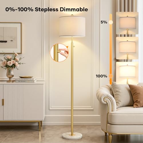 【Upgraded】Dimmable Gold Floor Lamps for Living Room, 11W LED Bulb Included, Modern Standing Lamp with Marble Base, Tall Pole Light with White Linen Shade for Bedroom Reading Office Corner Nursery