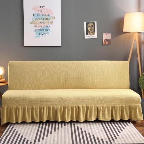 Stretch Futon Cover Slipcover Removable Armless Sofa Bed Slipcovers Full Size with Skirt Ruffled Knitted Futon Sofa Cover Furniture Bed Protector(Rice Yellow,Length 47.2"-55")
