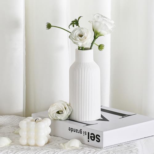 Bohemian White Ceramic Vase - for Pampas Grass, Mantel, Bookshelf, Entryway and Living Room Decor (White, 7in)