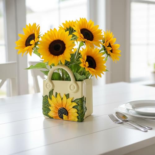 Small Purse Vase for Flowers - Sunflower Cute Handbag Flower Vase for Modern Table Centerpiece Decor, Unique Beige Resin Vases for Party, Kitchen, Bouquet, Bedroom, Livingroom