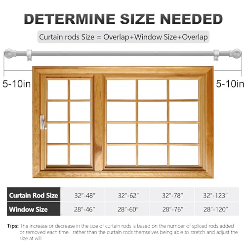 Silver Curtain Rods for Windows with Brackets,5/8 Inch Diameter Small Window Curtain Rod Adjustable 32 to 48 Inches,Easy Install Drapery Rods,Gray