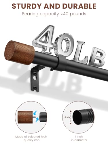 Wood Curtain Rods for Windows 32 to 84 Inch, 1 Inch Heavy Duty Adjustable Decorative Curtain Rod, Modern Farmhouse Drapery Rod for Bedroom, Patio and Living Room