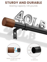 Wood Curtain Rods for Windows 32 to 84 Inch, 1 Inch Heavy Duty Adjustable Decorative Curtain Rod, Modern Farmhouse Drapery Rod for Bedroom, Patio and Living Room