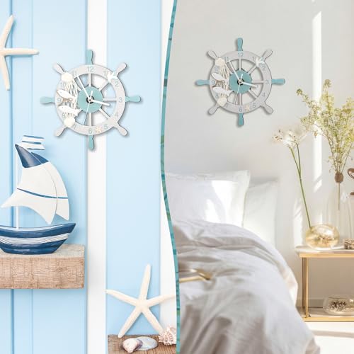 Liliaafar Coastal Beach Wall Clock 10 Inch Wooden Nautical Beach Boat Ship Steering Wheel Wall Clock Battery Operated Shell Fish Nautical Decorations for Home Kitchen Living Room Office Bedroom