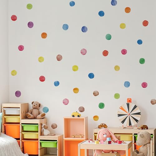 Colorful Polka Dot Wall Decals, Kids Room and Nursery Decor, Watercolor Dots Wall Sticker Rainbow Colors for Nursery and Kids Room（12 Sheets）