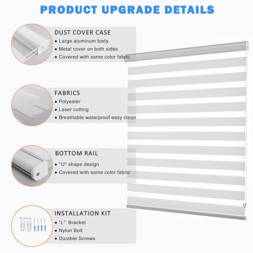 Zebra Roller Shades, Dual Layer Roll Up Blind for Living Room, Semi Sheer Shades Window Privacy Light Control for Day and Night, (Maximum Height 72inch, White Color, Width 34 inch)