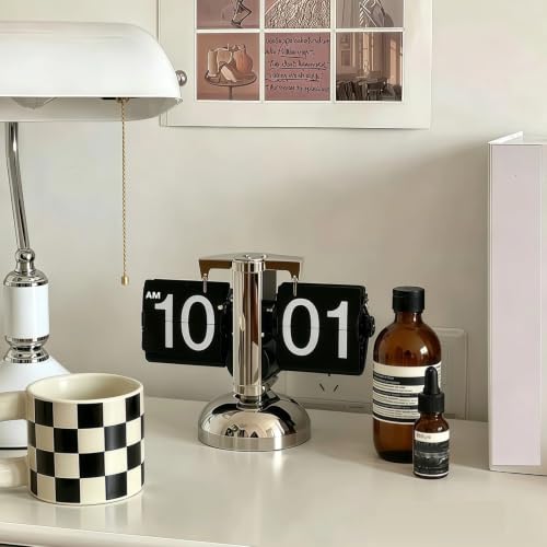 Retro Digital Flip Down Clock Gear Mechanism, Desk Clock Flipping Down Black Fashion for Office, Bedroom, Kitchen, School, Hotel, and Café Décor, AM PM