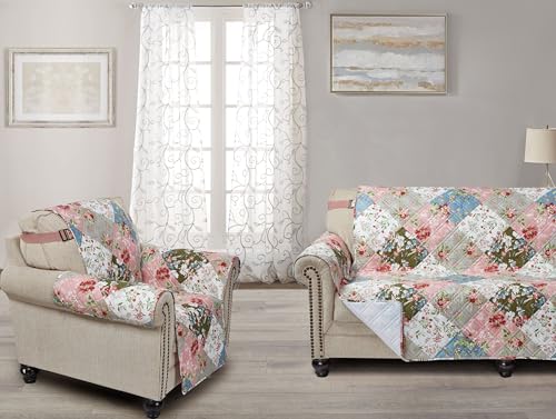 Brilliant Sunshine Peach and Olive Flowers Couch Loveseat Cover, Patchwork Design, Sofa Cover for Dogs, Slip Resistant Furniture Protector with Strap, Washable Slipcover for Kids and Pets (54" seat)