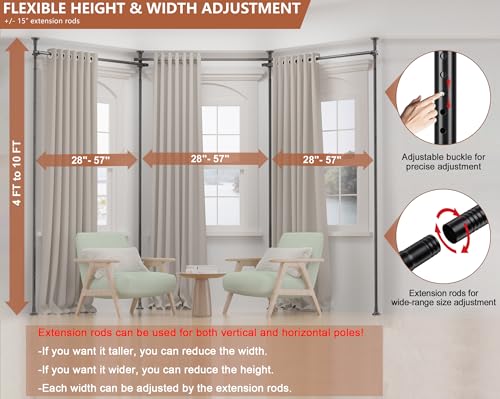 Room Divider for Wide Space Partitions, Curtain Rods No Drilling for Room Separation, 28-171inch(W) 4-10ft(H) Adjustable Heavy Duty Floor to Ceiling Tension Rod Room Dividers, Matte Black
