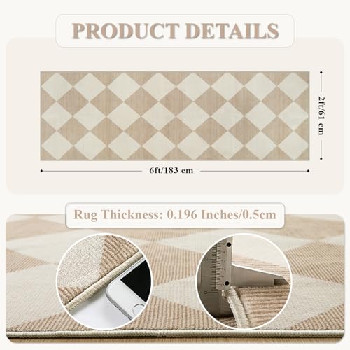 Checkered Print Carpet Runners for Hallway 6ft, Beige Ultra Thin Washable Kitchen Runner Rug Non Slip, Moroccan Plaid Checkerboard Decor Faux Wool 2x6 Rug for Bedroom Bathroom Entryway