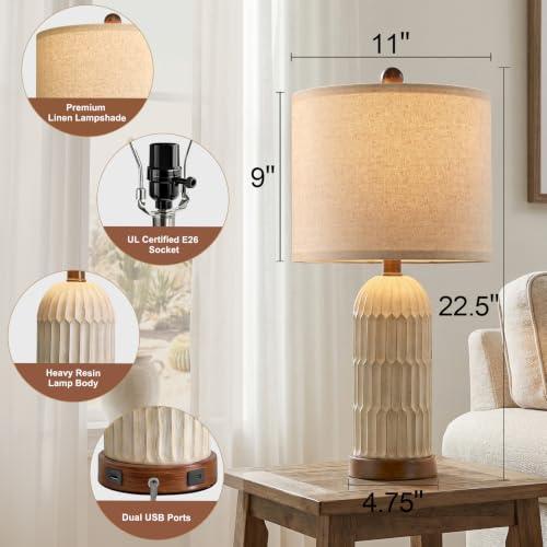22.5" Bedside Table Lamps Set of 2, Farmhouse Table Lamp with USB A+C Charging Ports,Vintage Nightstand Lamp for Bedrooms and Living Rooms, Retro Resin End Table Lamp, Beige and Brown