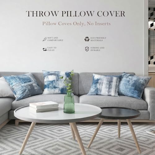 Set of 4 Blue and Grey Abstract Art Artwork Pillow Cover 18 x 18 Inch, Gallery Modern Decorative Throw Pillows Cushion Cover for Bedroom Sofa Living Room