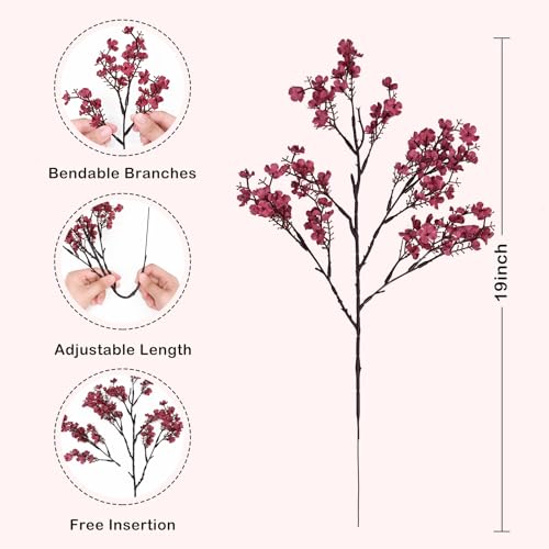 Waipfaru 6Pcs Fake Flowers Babys Breath Silk Artificial Flowers Gypsophila Bouquets Bulk Real Touch Fall Stems for Fall Thanksgiving Decor Autumn DIY Floral Arrangement Table Centerpieces, Wine Red