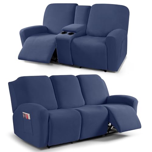 TAOCOCO Recliner Loveseat Cover with Middle Console & Recliner Sofa Covers for 3 Seat, Navy Blue