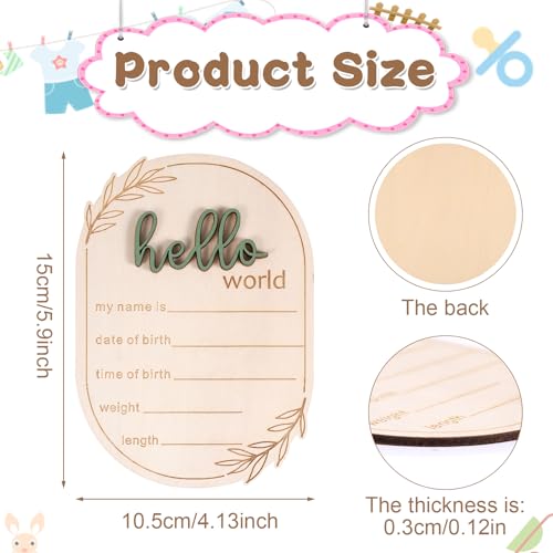 Baby Announcement Sign, 5.91x4.13 Inch Wooden Hello World Baby Name Sign Newborn Announcement Sign Birth Announcement Plaque for Home Hospital Nursery
