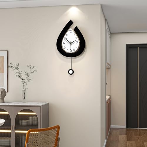 Decorative Wall Clock for Living Room Decor Large Modern Wall Clocks with Pendulum Battery Operated for Bedroom Office Kitchen Home Small Black Silent Wall Clock Non Ticking 11.8*22.4 Inch