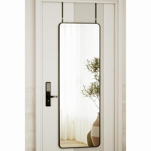 VooBang 14"x48" Full Length Over The Door Mirror - Aluminum Alloy Frame Full Body Mirror with Height-Adjustable Hangers, Hanging Leaning Against Wall for Dorm, Black