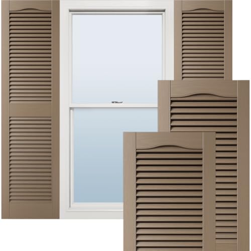 14 1/2"W x 45"H Lifetime Vinyl, TailorMade Cathedral Top Center Mullion, Open Louver Shutters, w/Shutter-Loks (Per Pair), 385 - French Roast