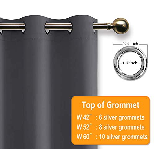 Hiasan Grommet Blackout Curtains for Bedroom, 42 x 63 Inches Length - Thermal Insulated & Light Blocking Window Curtains for Living Room, 2 Drape Panels Sewn with Tiebacks, Dark Grey