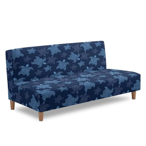 Suobstales Sea Turtle Print Stretch Armless Futon Cover, Futon Mattress Cover Soft Sofa Bed Slipcovers with Elastic Bottom, Foldable Sofa Slipcovers Washable Couch Covers