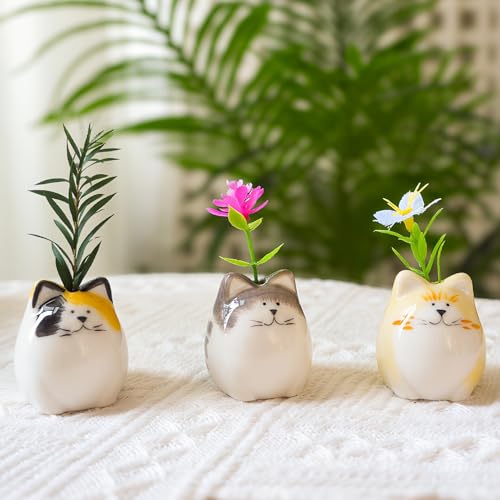MOUGIGI 3PCS Mini Flower Vases–Unique Small cat vase-Cute Ceramic Bud Vases for Single Stem Flowers & Cat Whisker-Home Decor for Desks & Bookshelves-Ideal Gift for Cats Lovers & Flower Enthusiasts