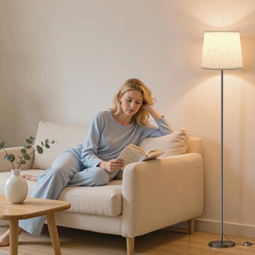 Floor Lamp with Linen Shade - 62" Dimmable LED Standing Lamp with Remote Control, 9W E26 Bulb Included, 3000-6000K, Modern Floor Reading Light for Bedroom Living Room Office Corner, Black