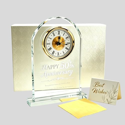 Anxingo 50th Wedding Anniversary Clock, Gold Crystal Quartz Clock for Parents, Elegant Golden Keepsake for Couples, 50 Years of Love Celebration Gift, 5.91x7.87 Inch (Battery Not Included)