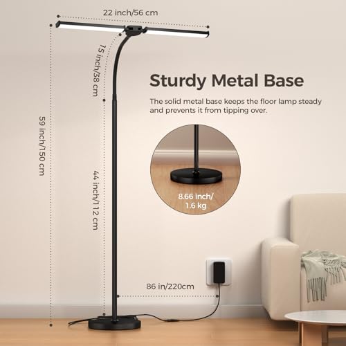 LED Floor Lamp for Living Room, Bright Reading Lamps for Office, Adjustable Colors Temperatures&Brightness, Dual Head Goose-Neck Standing Lamp, Remote and Button Control, Eye Caring Tall Lamp, Black