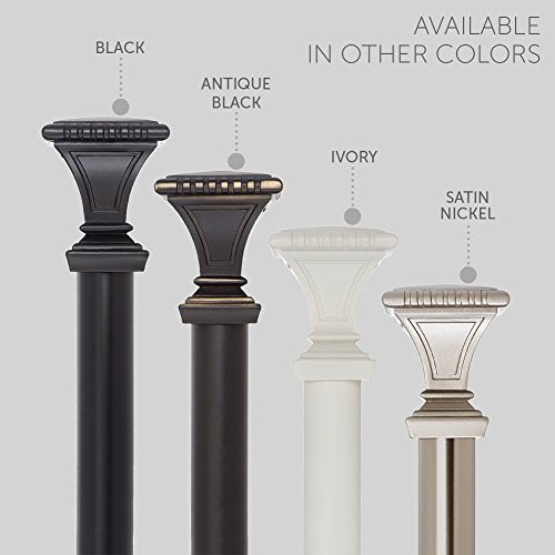 Ivilon Decorative Window Curtain Rod - Carved Square Finials, 1 1/8 in Rod, 28 to 48 in. Antique Black