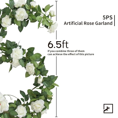 ZIFTY 5Pcs 32.5FT Flower Garland Artificial Rose Vine White Fake Silk Floral Hanging for Wedding Arch, Garden Tea Party Backdrop Room Decor and Home Decoration Outdoor Wall Decor