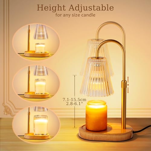 Candle Warmer Lamp with Timer - Electric Candles Wax Warmers Glass Lamps for Jar Candles Burner Adjustable Height and Dimmable Light Modern No Flame Scented Candle Warming Lantern, Amber