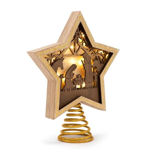 DEMDACO Lit Star Nativity Tree Topper - Glowing Gold Accented Wooden Star for Beautiful Holiday Charm - Christmas Tree Topper - Warm LED Shadow Box - Cutout Nativity Scene