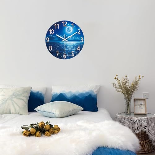 XFM Blue Moon Wall Clock 12 Inch Modern Wall Clocks Battery Operated Silent Non Ticking Decorative Round Analog Clock for Living Room Bedroom Kitchen