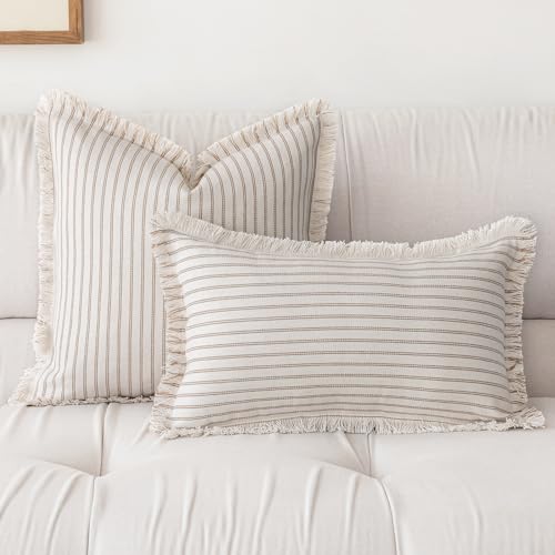 YEENAASY Throw Pillow Covers 18x18 Set of 2 Striped Fringe Pillow Cover Farmhouse Cushion Covers with Tassel Neutral Boho Pillows Decorative Square Pillowcase for Couch Sofa Bed, Khaki