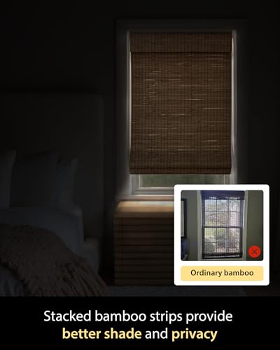 UNISHADES Cordless Bamboo Roman Shades, 34×64 in, Highfield Teak | Wide Bamboo Strip Weaving Technique, High light-blocking capacity, High Level of Privacy Protection