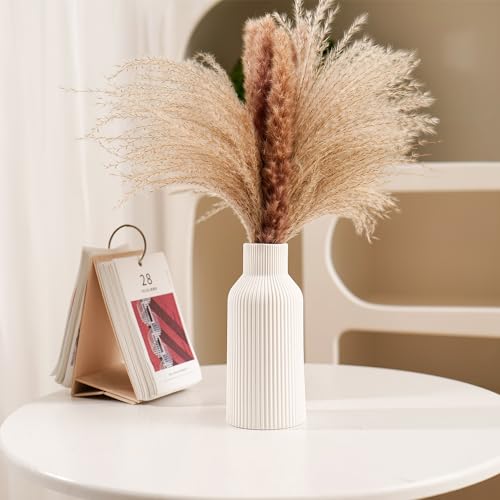 Bohemian White Ceramic Vase - for Pampas Grass, Mantel, Bookshelf, Entryway and Living Room Decor (White, 7in)